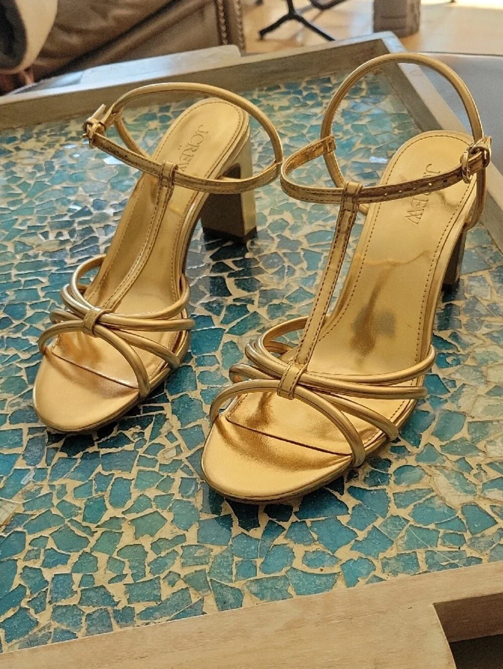 J. Crew Metallic Gold T-Strap Block Heel Sandals In Sunkissed Gold
